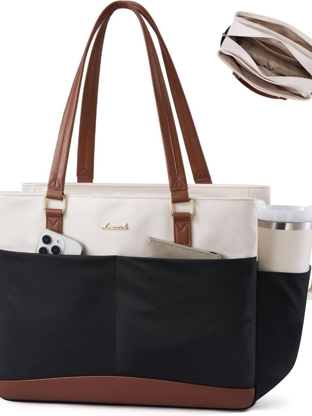 Laptop Tote Bag for Women with 3 Separate Pocket Work Bag with Large Cup Holder